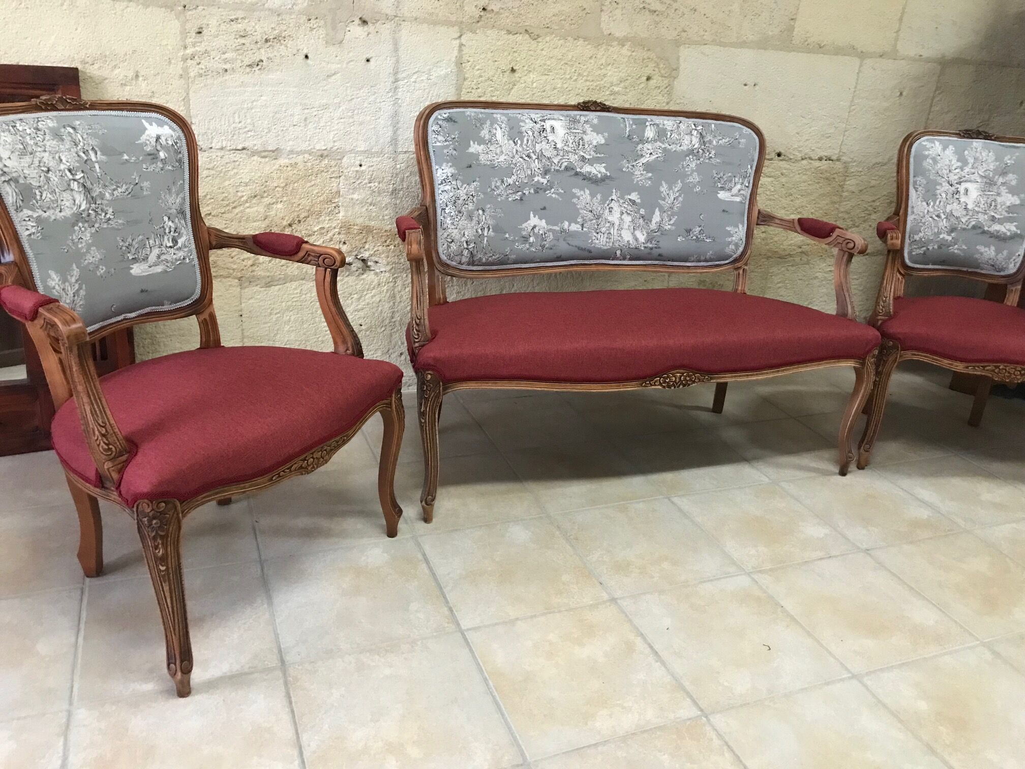 2-seater sofa and 2 armchairs in Louis XV style, revamped