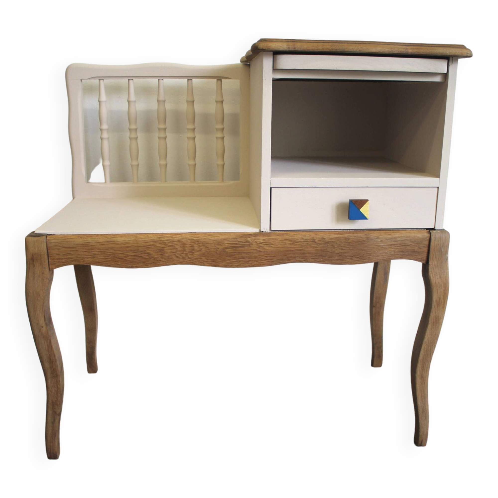 Redesigned beige and wood telephone bench