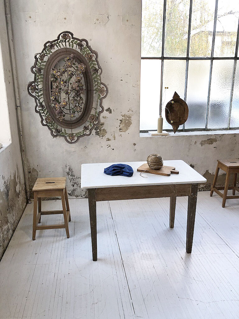 Oak and marble farm table