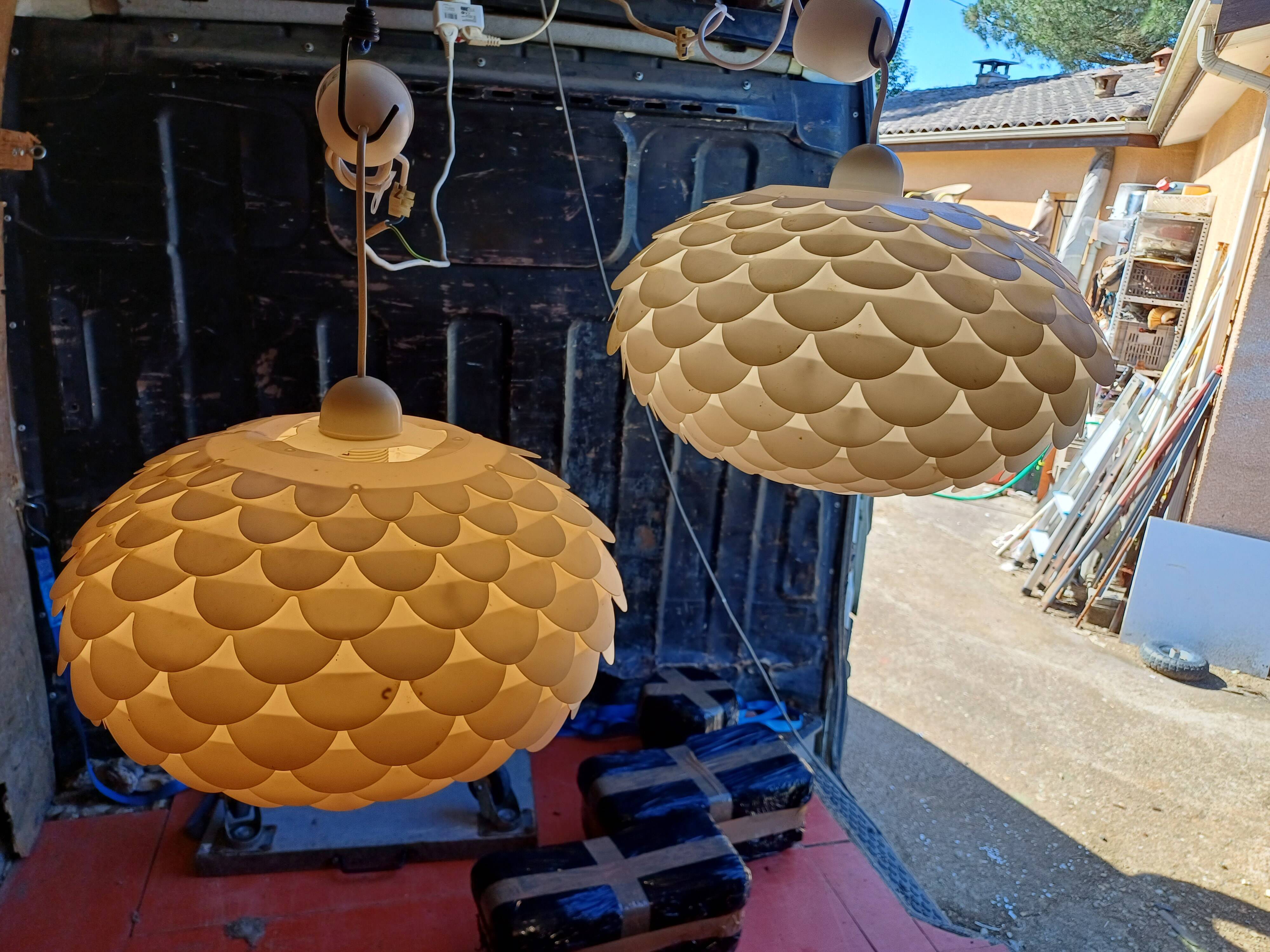 Pair of vintage white plastic pendant lights