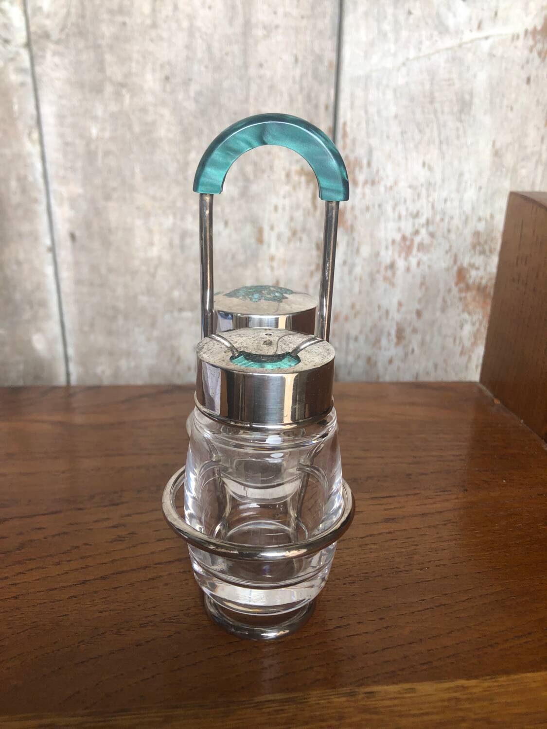 Old Service Salt Pepper Shaker Molded Glass + Vintage Silver Metal