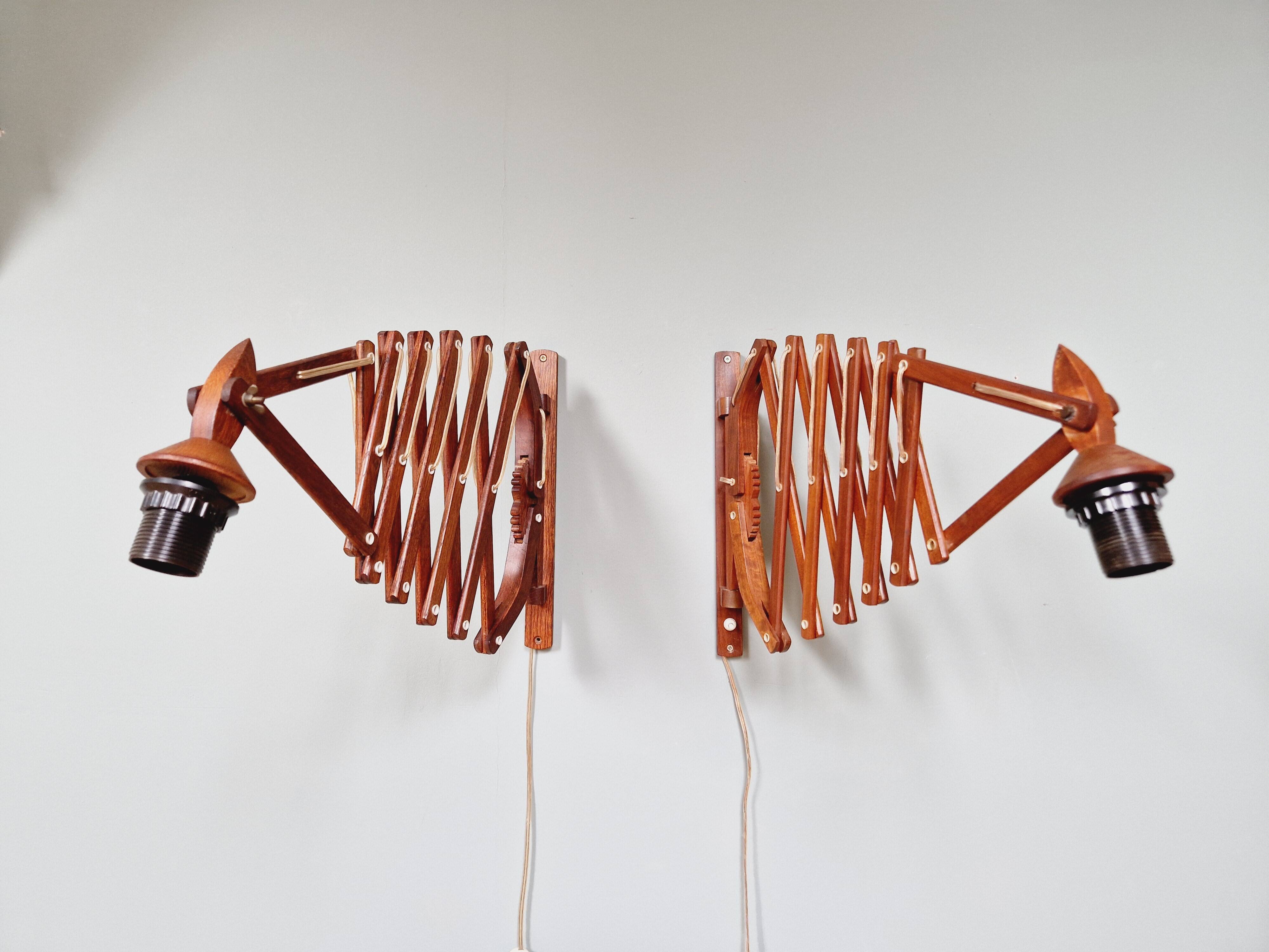 Pair of teak scissor wall lights, Scandinavian style, 1960s
