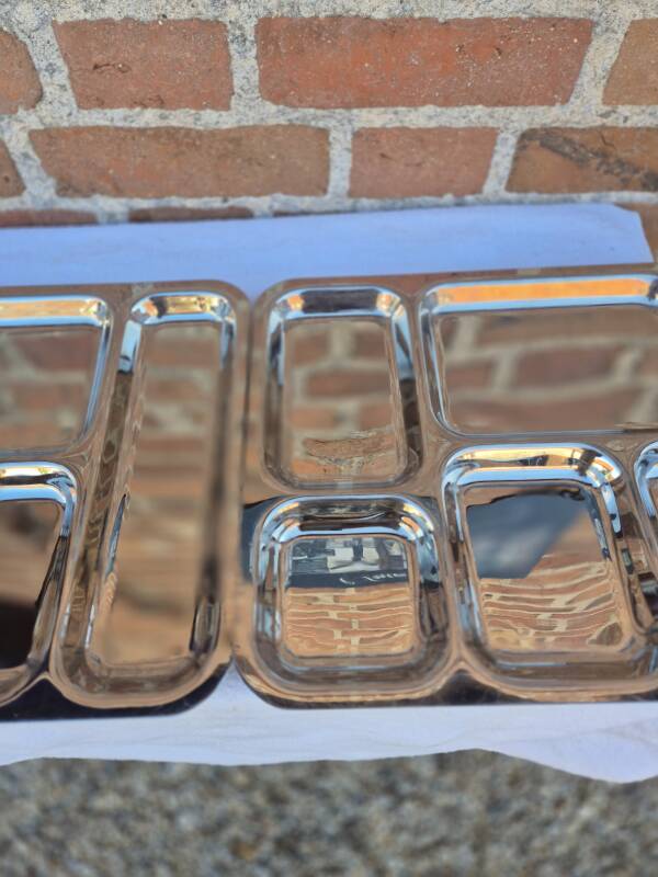Pair of flat stainless steel serving trays