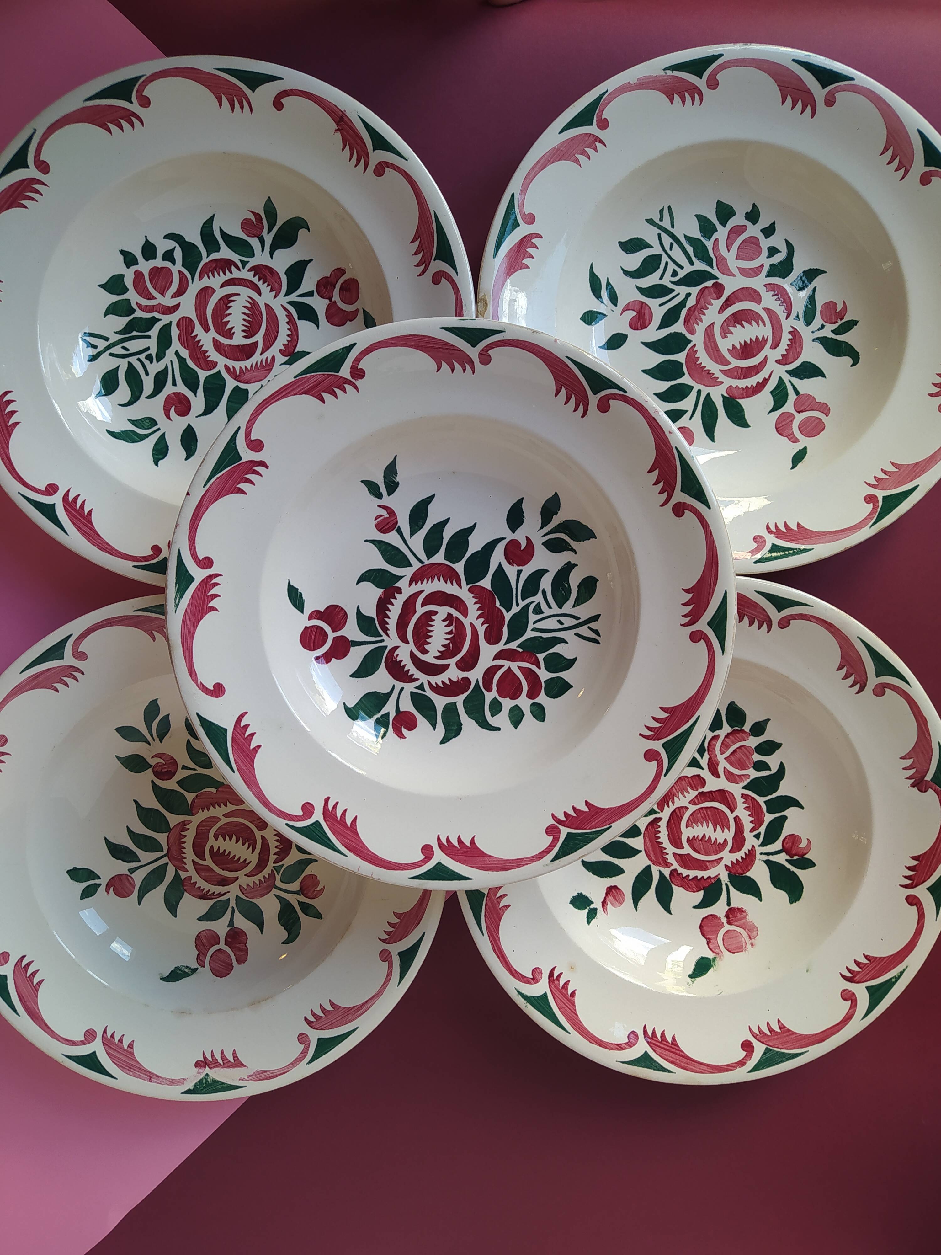 5 old soup plates from the French manufacturer LONGWY, Alsace model. Vintage.