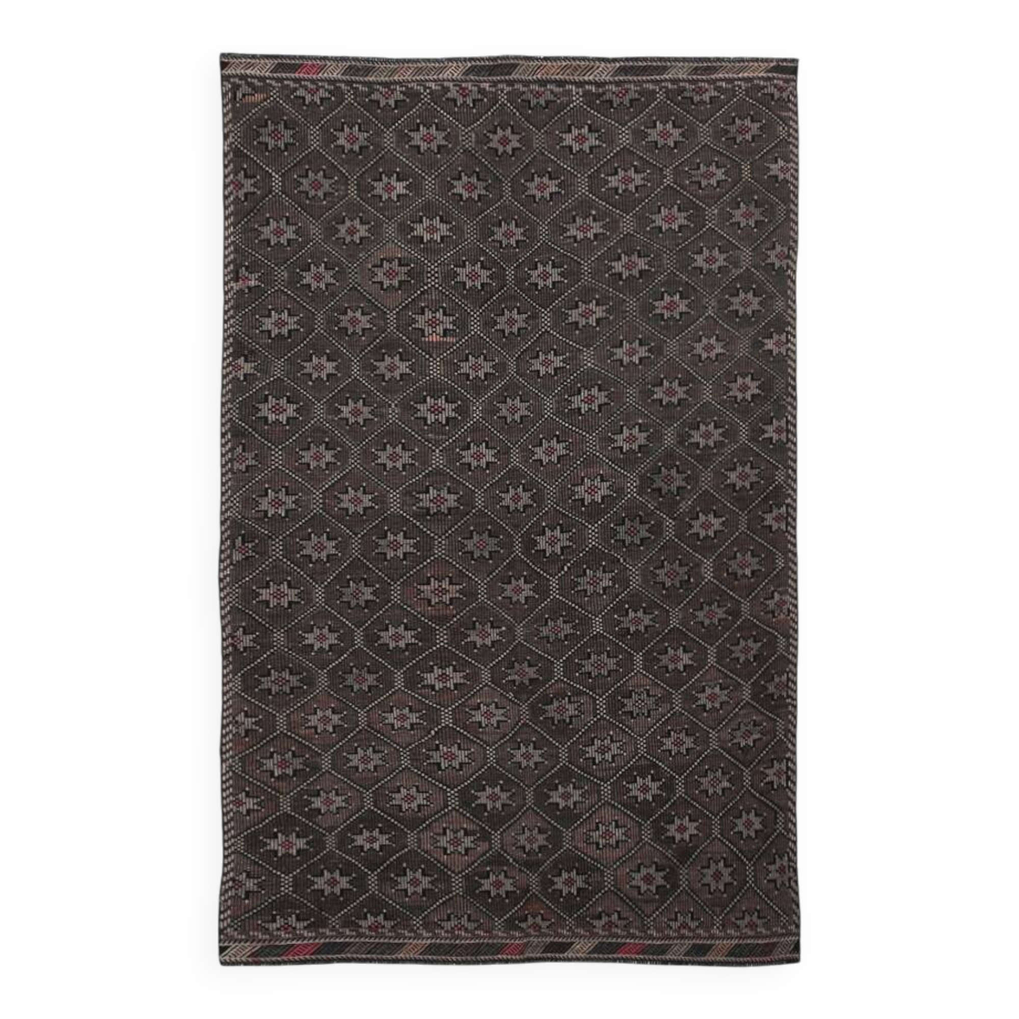 Tapis Kilim Vintage Noir et Brun à Motifs Géométriques, 183x297 Cm