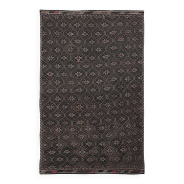 Tapis Kilim Vintage Noir et Brun à Motifs Géométriques, 183x297 Cm