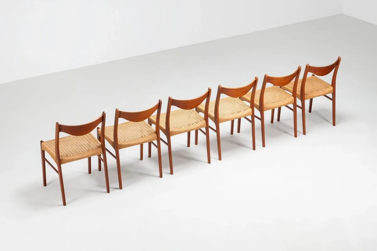 Arne Wahl Iversen set of six teak dining chairs Glyngore Denmark 1960