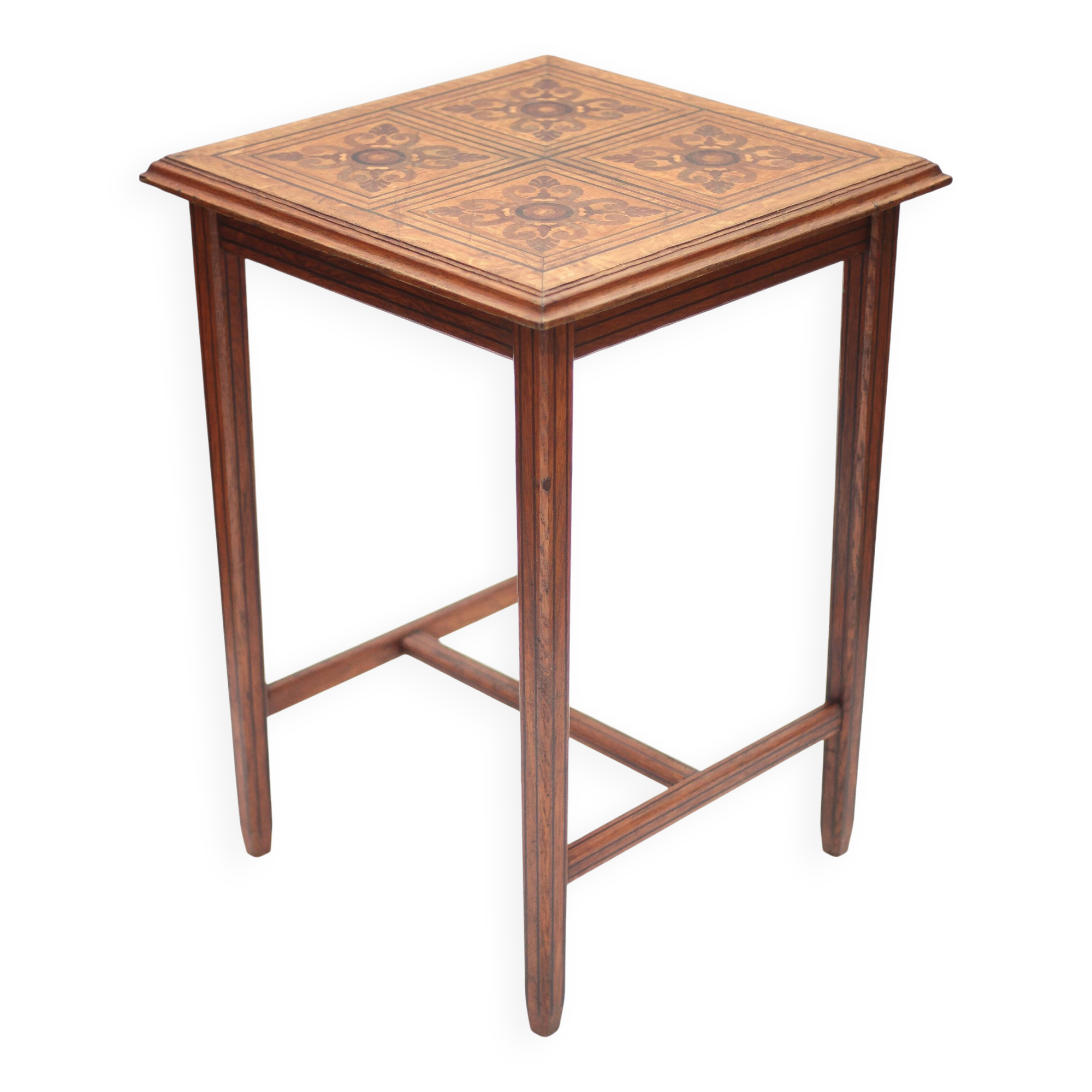 Wood table with marquetry, table with an antique parquet top, antique table.