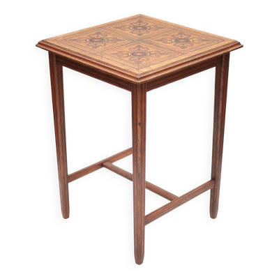 Table en bois avec marqueterie, plateau parquet ancien