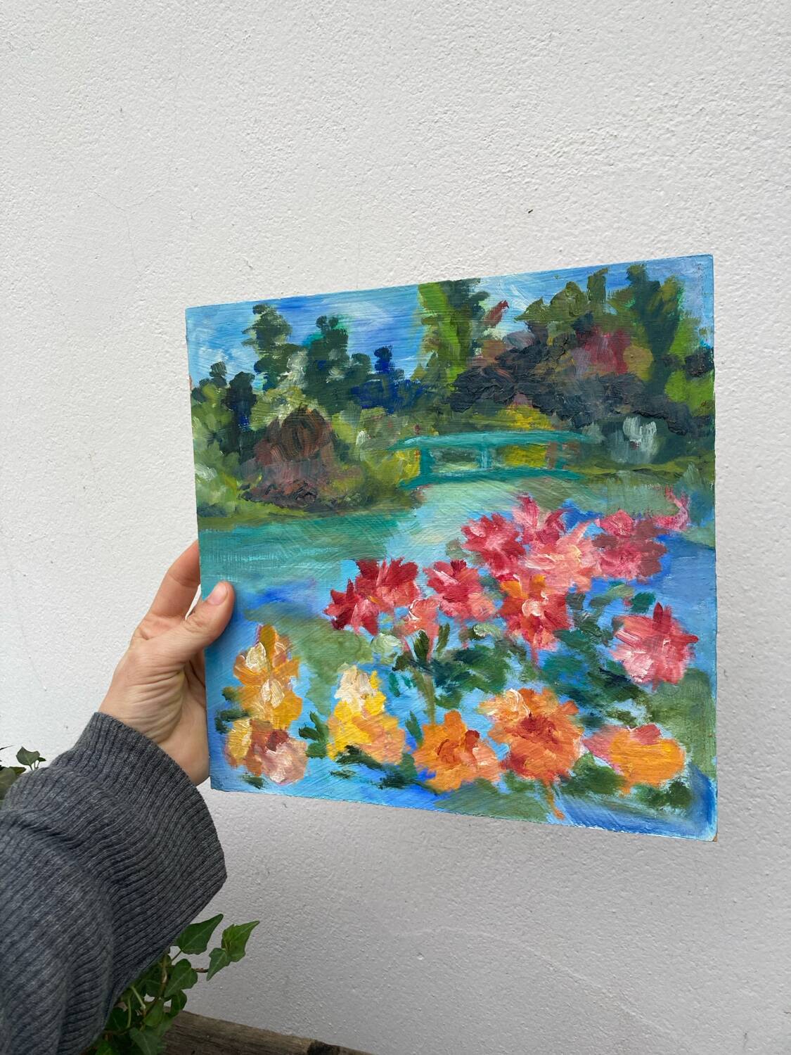 Old oil painting / landscape painting and flowers