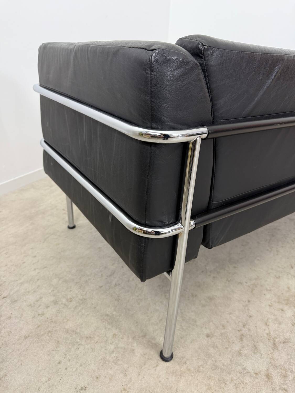 Old 3-seater sofa in tubular and black leather by Kébé, Denmark 1970s
