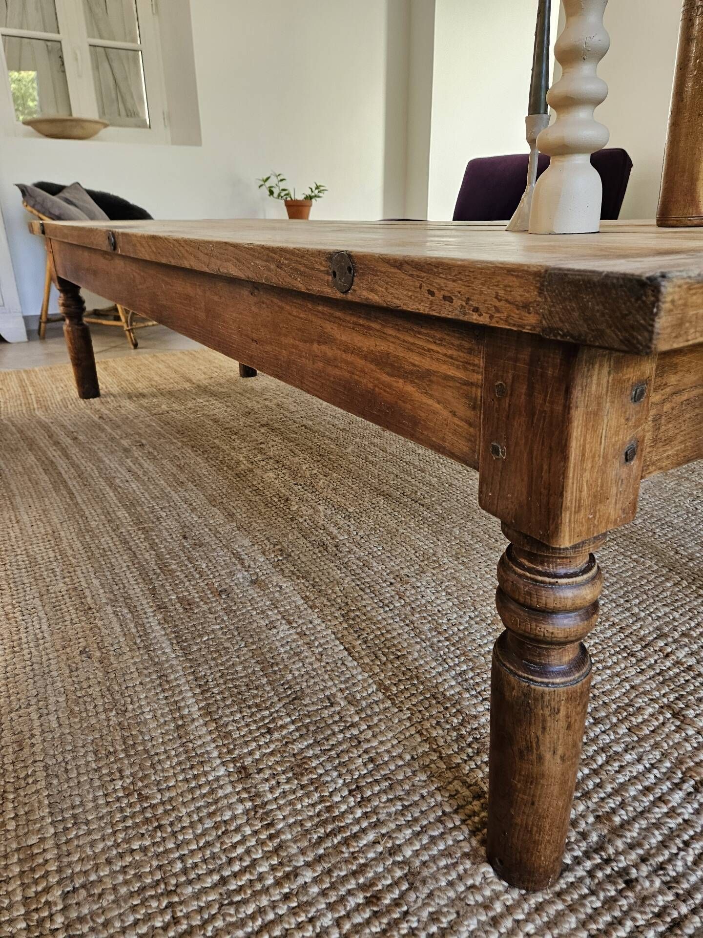 XXL coffee table in solid raw elm wood with 2 drawers, rustic antique.