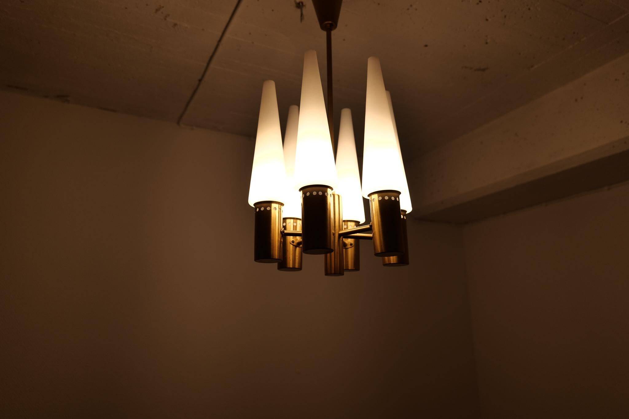 Midcentury brass and opaline ceiling lamp by Hans-Agne Jakobsson, Sweden, 1950s.