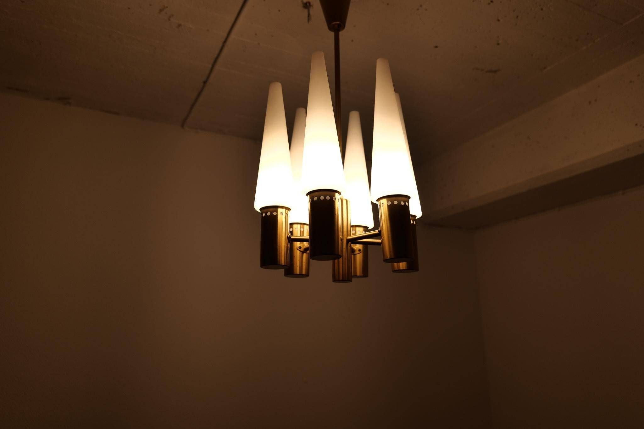 Midcentury brass and opaline ceiling lamp by Hans-Agne Jakobsson, Sweden, 1950s.