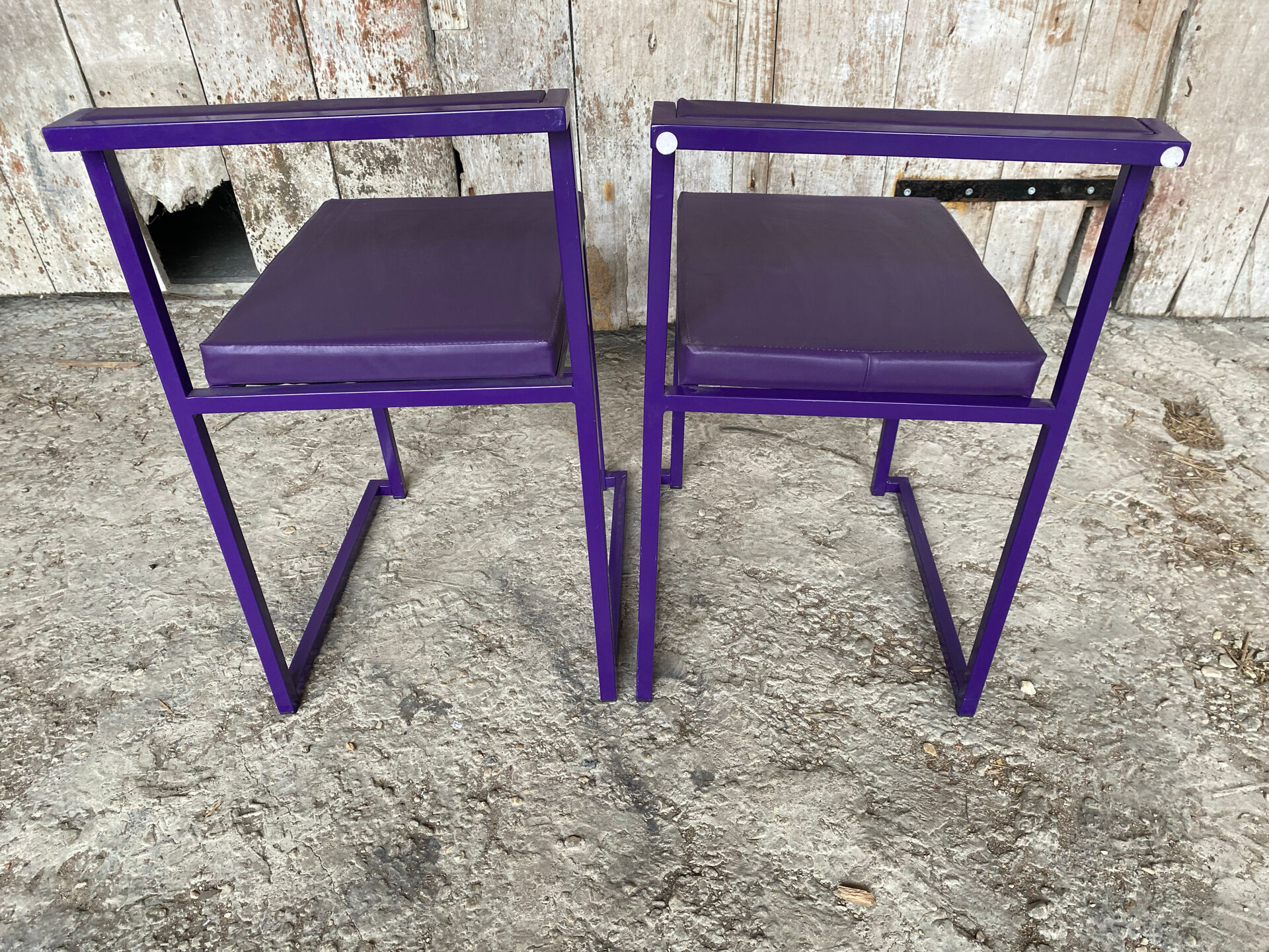 Pair of Vintage 1980s Lacquered Metal Chairs with Purple Skai Upholstery