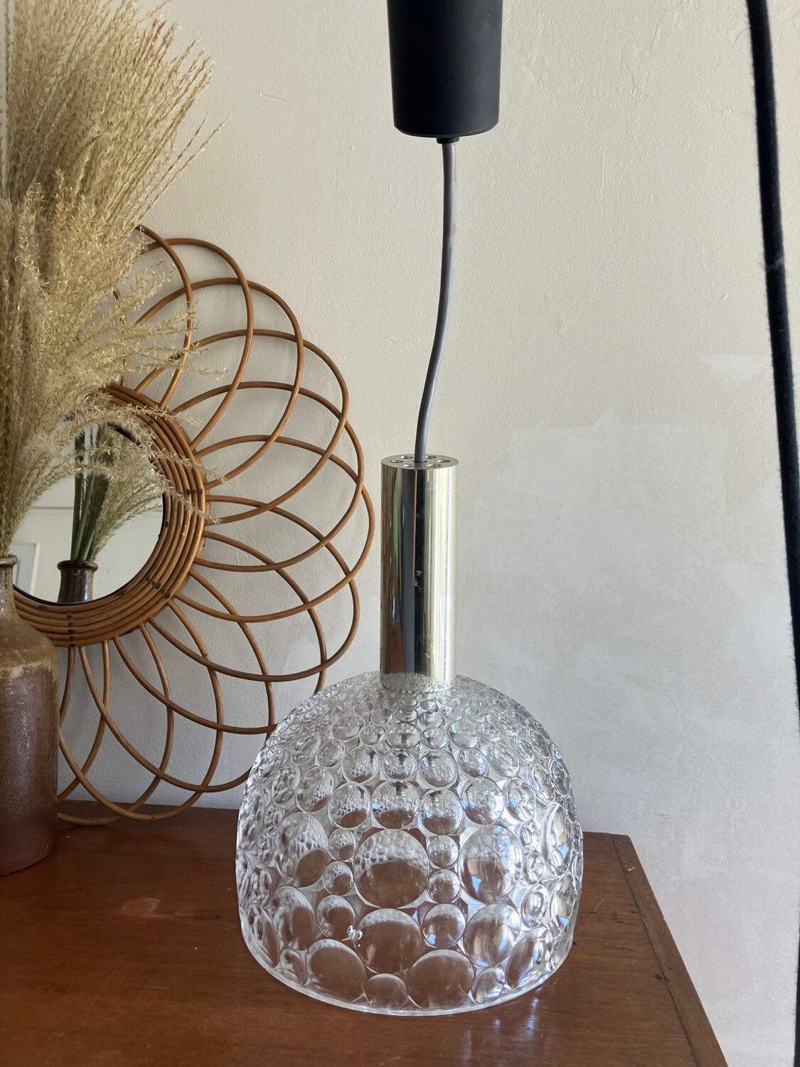 Glass pendant lamp with bubble patterns - 1960s