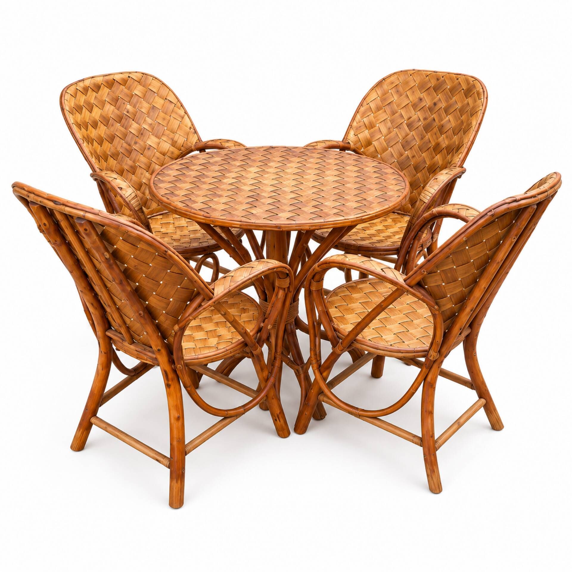 Ensemble de jardin vintage en rotin tressé –table ronde et 4 fauteuils