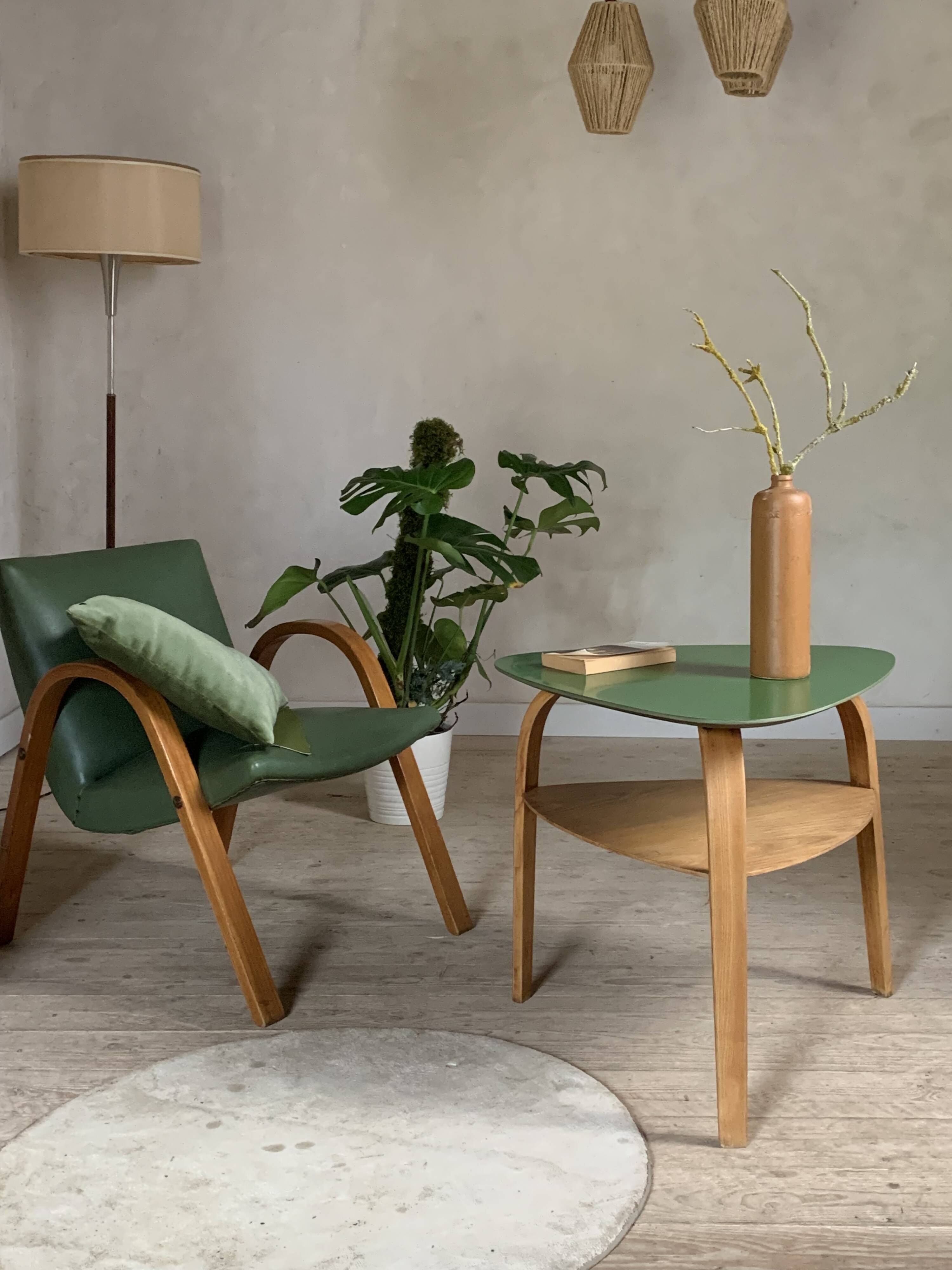 Hugues Steiner bow wood double top tripod coffee table