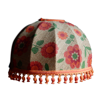 Raffia suspension orange floral pattern from the 70s