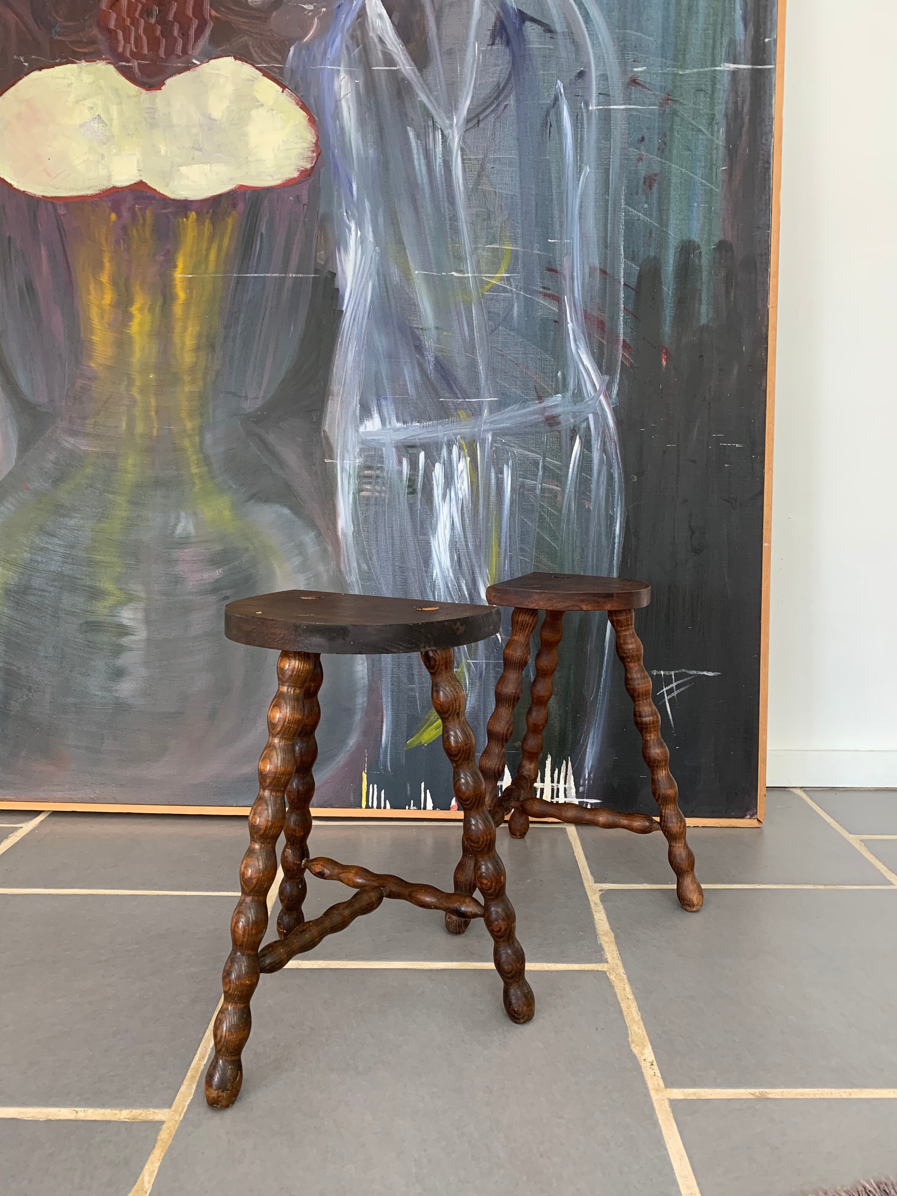 Pair of tripod stools turned wood