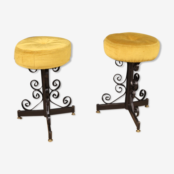 Pair of Italian iron stools with velvet seats