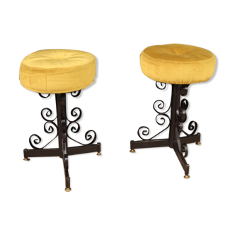 Pair of Italian iron stools with velvet seats