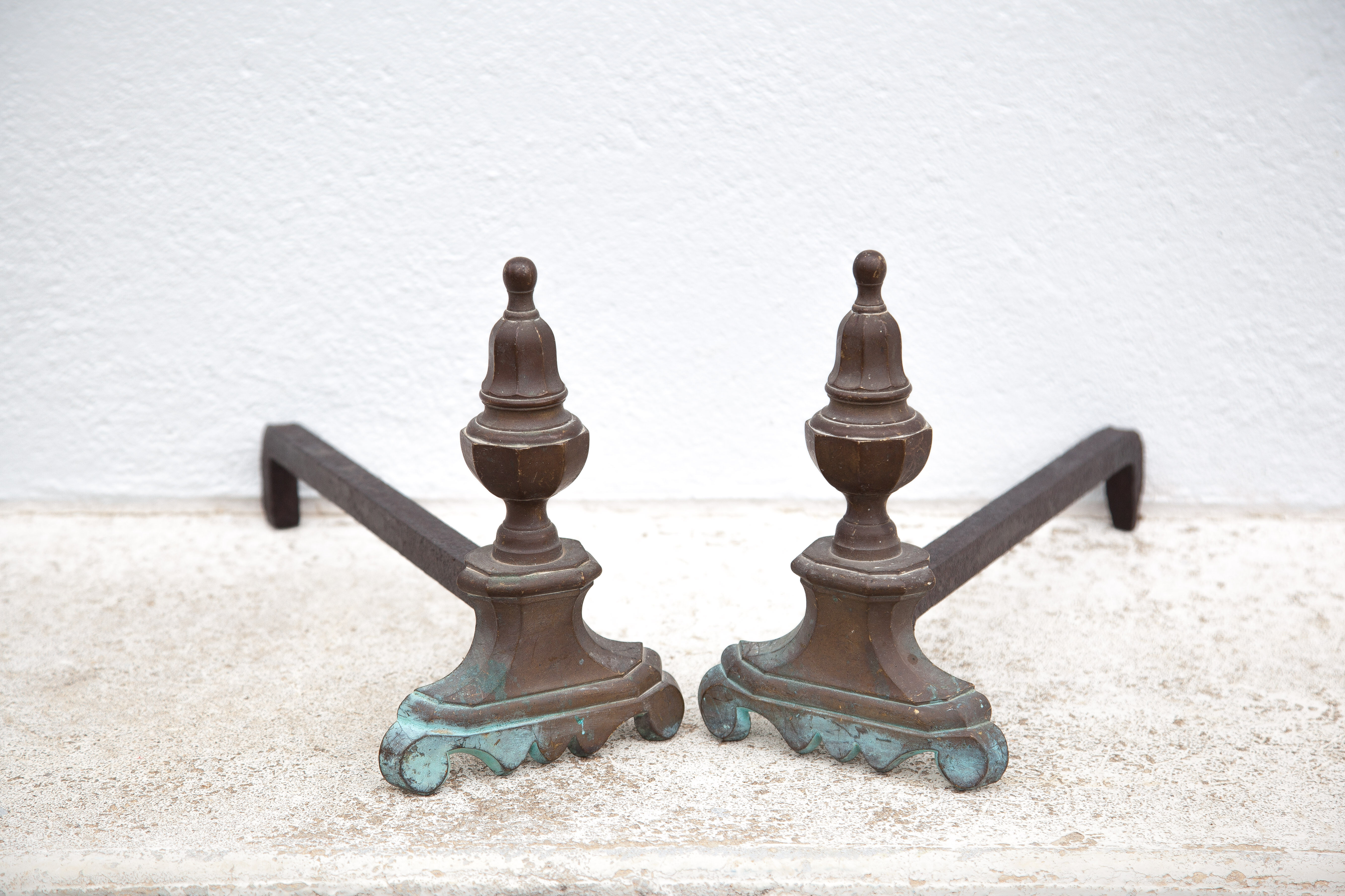 Vintage fireplace channels, cast-cast and bronze chenets