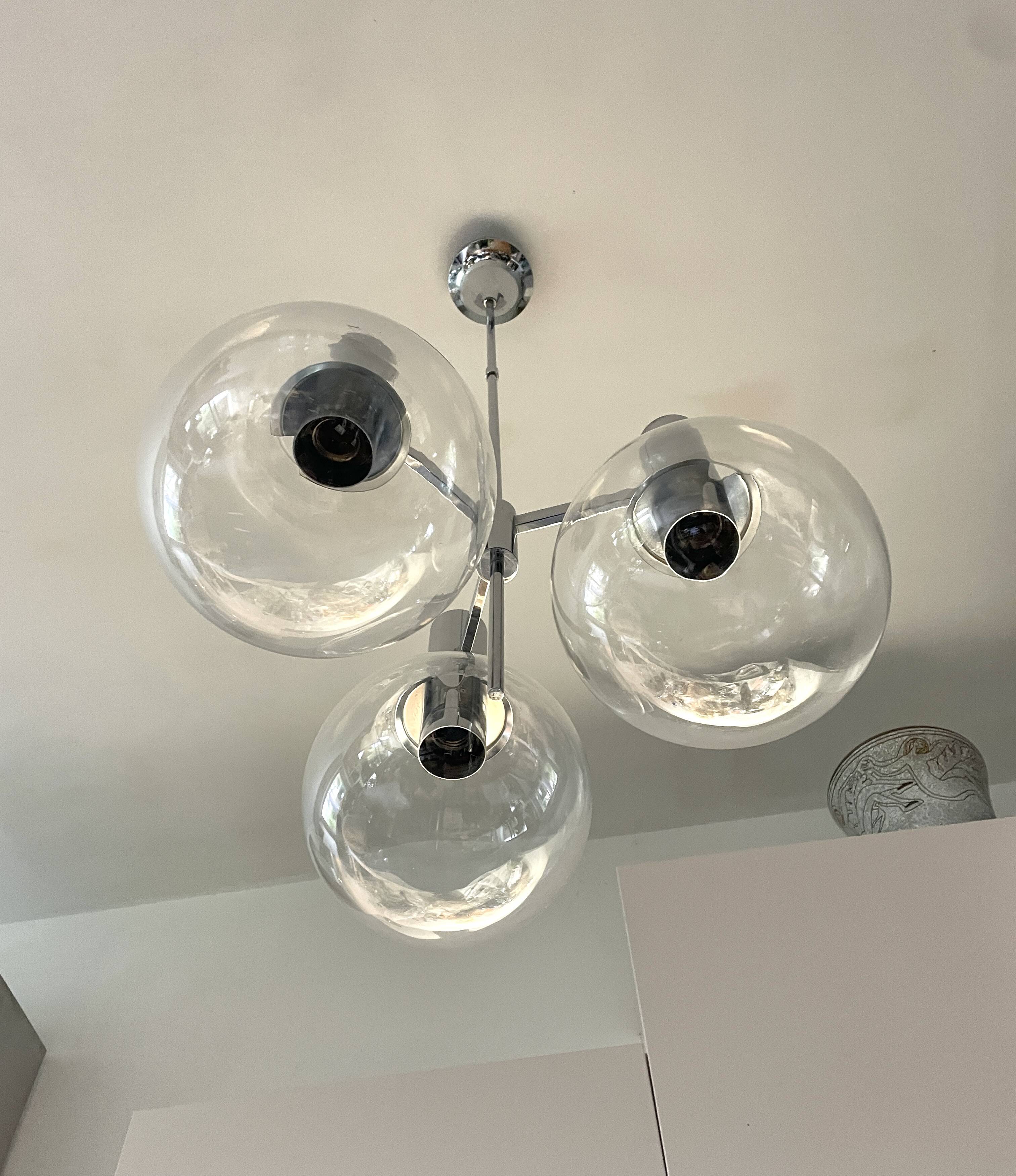 Kaiser Germany, chrome chandelier / suspension with 3 lights, glass balls. 1960