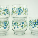 5 water glasses - decoration small blue flowers - Veronica Luminarc Arcoroc - vintage 80s