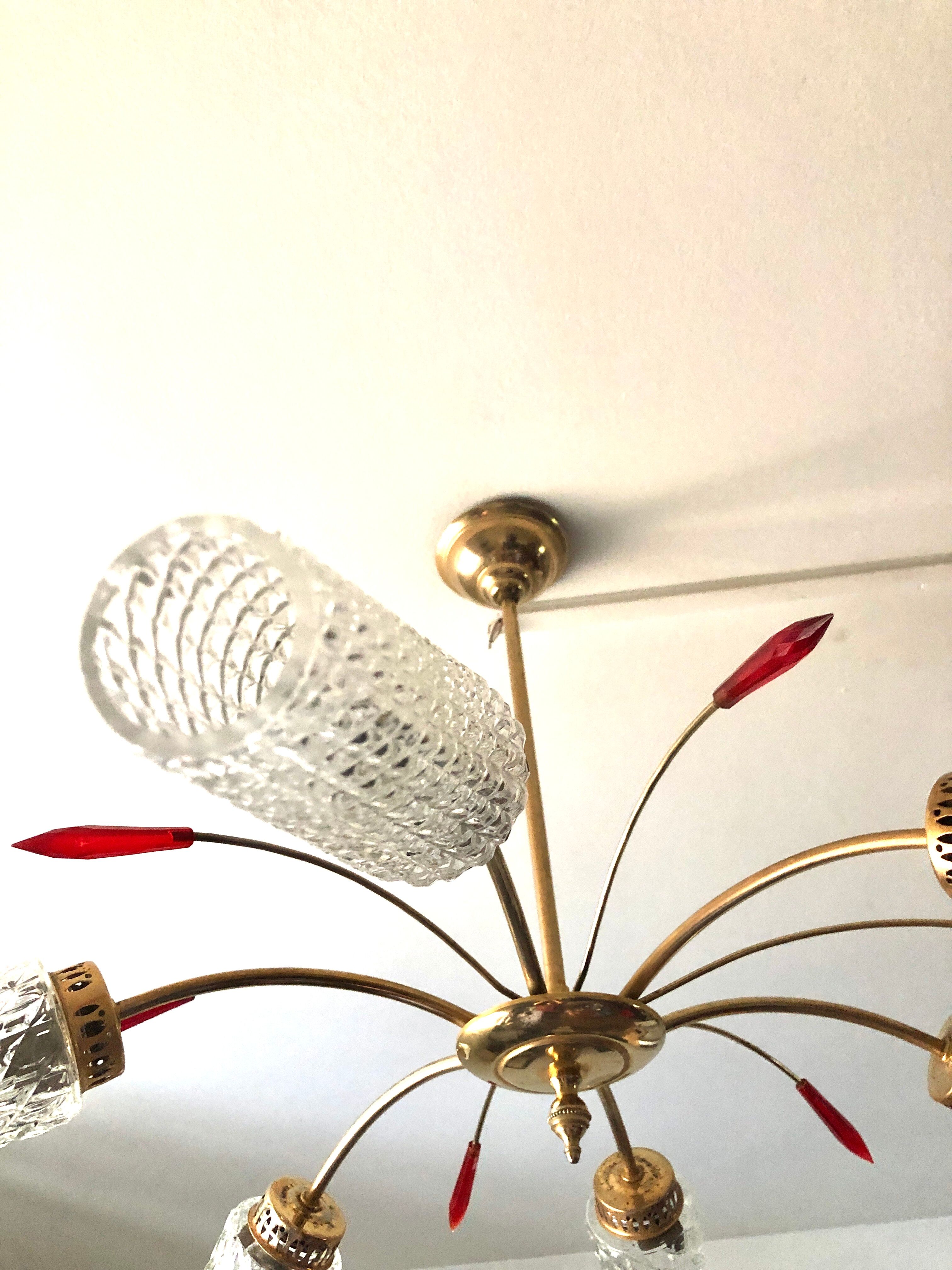 Golden brass chandelier 6 tulips red diamond tips 1950