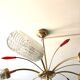 Golden brass chandelier 6 tulips red diamond tips 1950