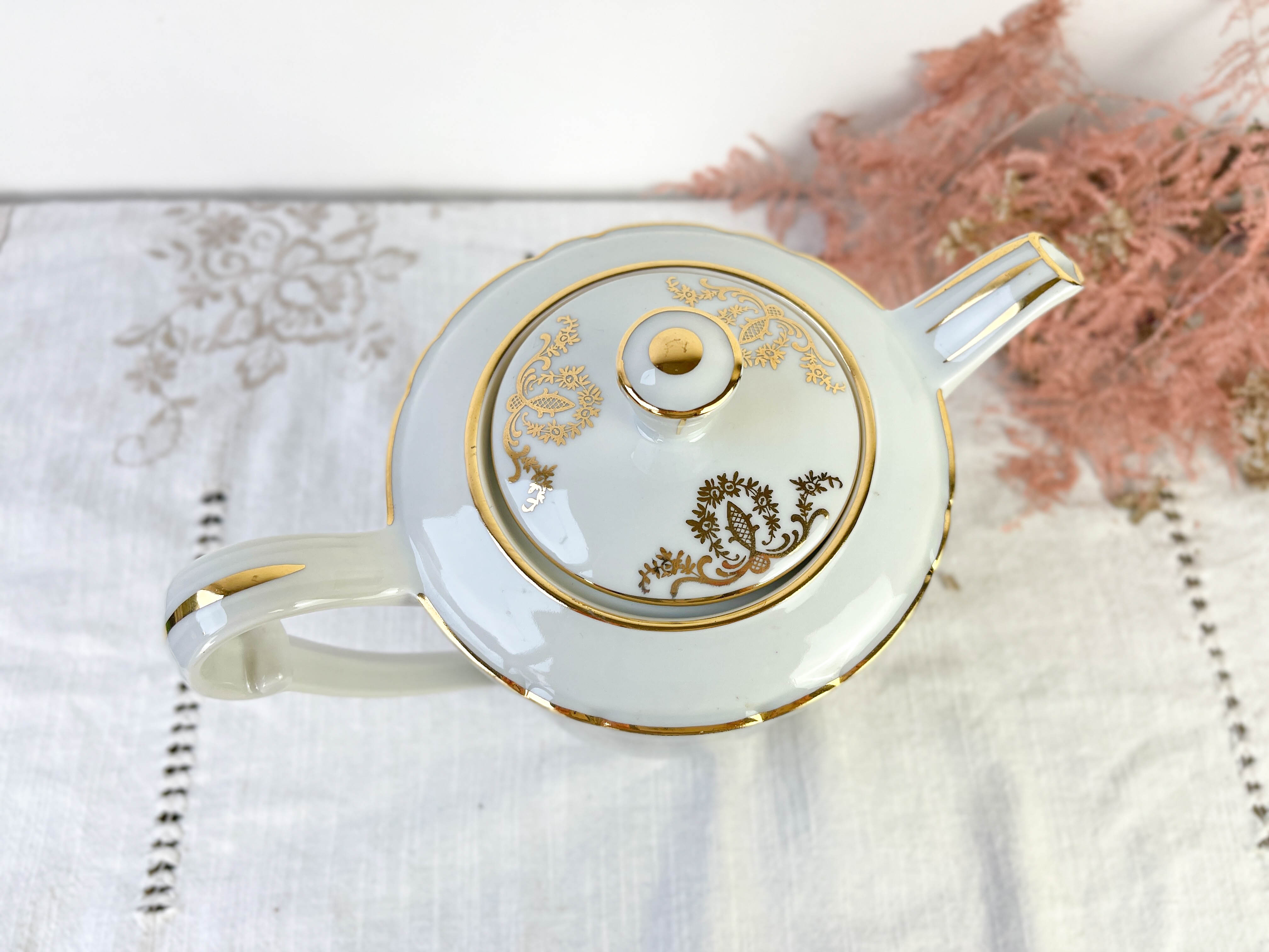 Vintage tea set in golden white porcelain CHAUVIGNY LIMOGES