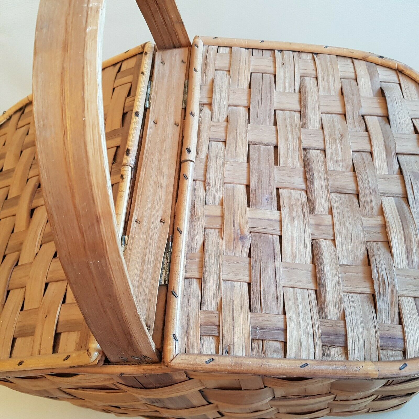 Old picnic basket wicker bamboo braided double opening