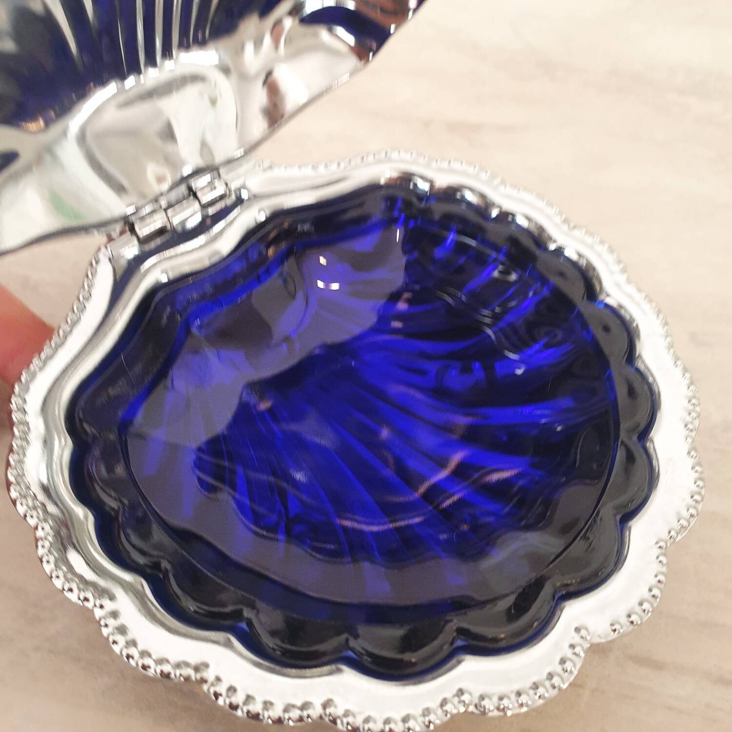 Stainless steel shell-shaped butter dish and its blue bowl