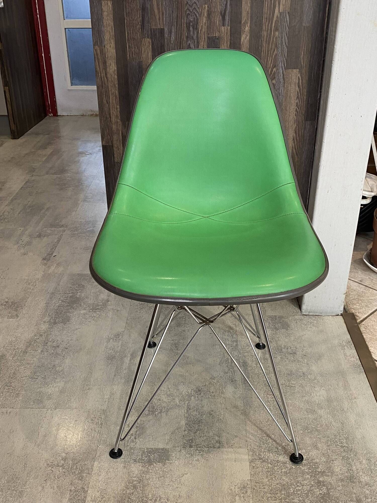 Eames Herman Miller DSR Eiffel chair in green greige fibreglass and vinyl.