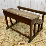 Early 20th century oak school desk with porcelain inkwells