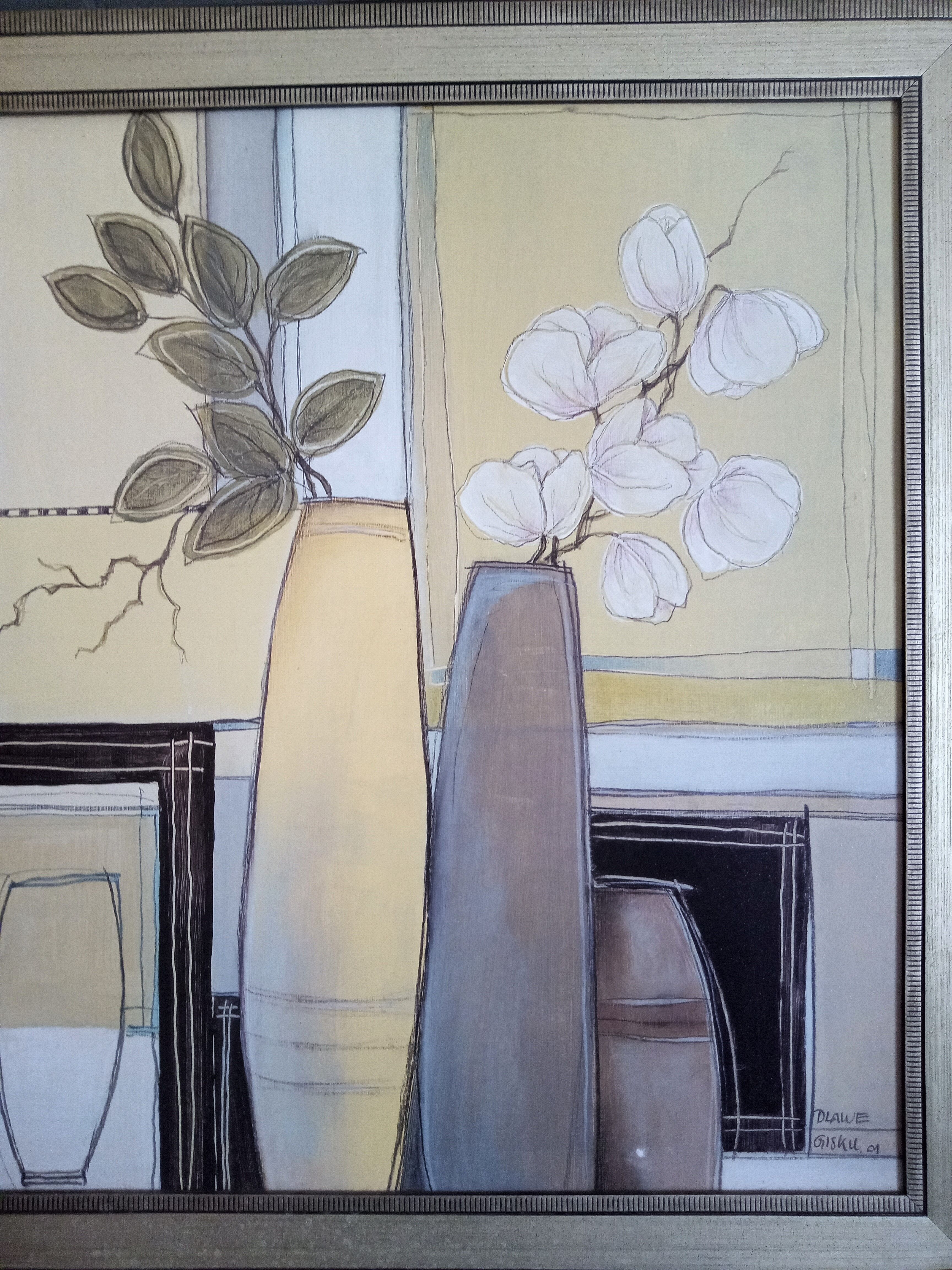 Still life with vase and flowers, oil on panel signed Dlawe Gisku, year 2001