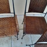 3 chaises et 2 fauteuils en fer forgé et rotin canné, années 50