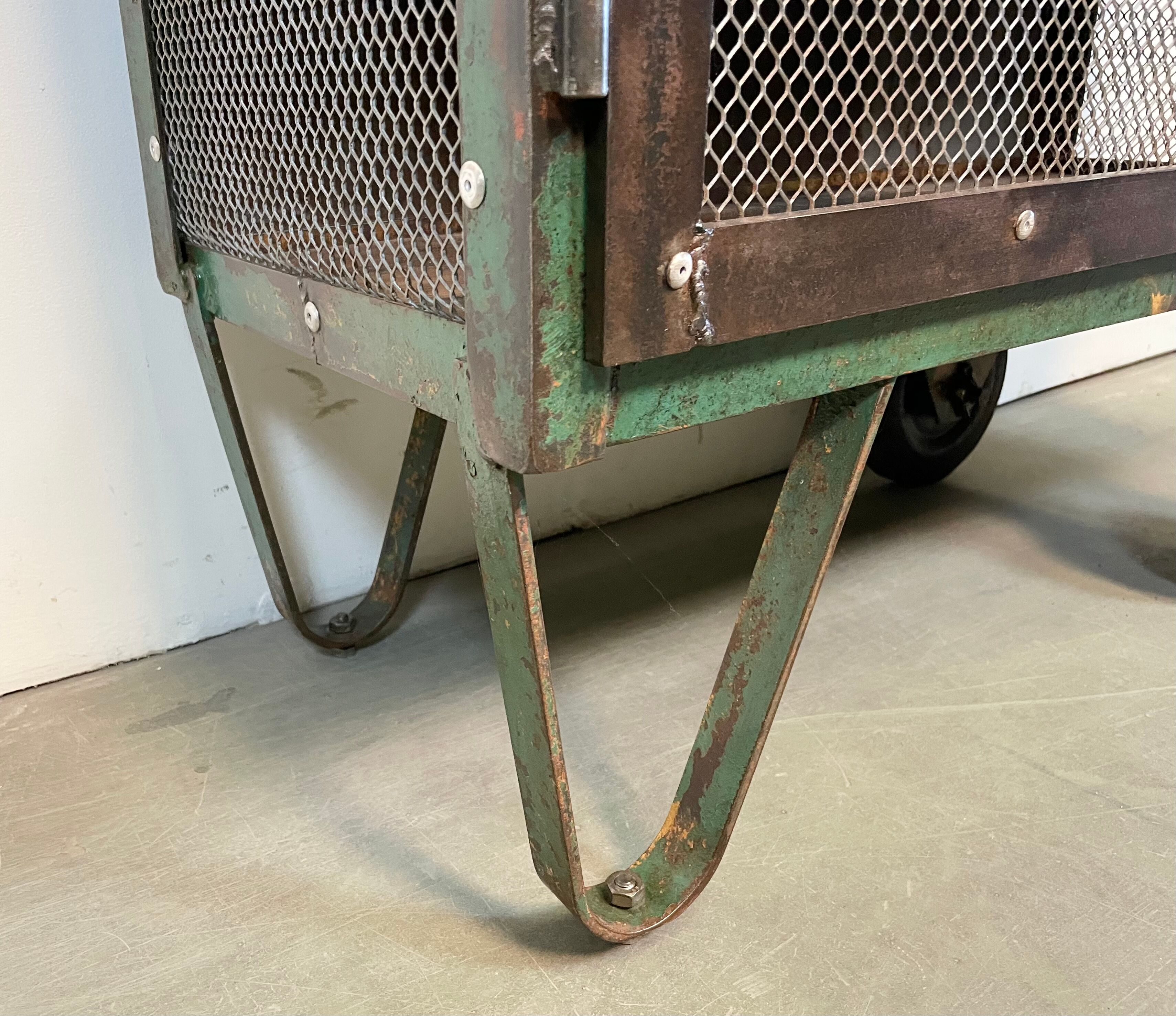 Industrial Iron Cabinet with Mesh Doors on Wheels, 1960s
