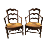 Pair Old Armchair Needle Wood Carved & Seat Paillé + Vintage Fabric Cover