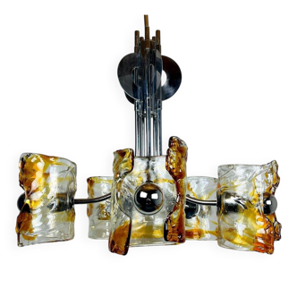 Mid-century chandelier in amber Murano and chrome by Toni Zuccheri for Mazzega, Italy, 1970s.