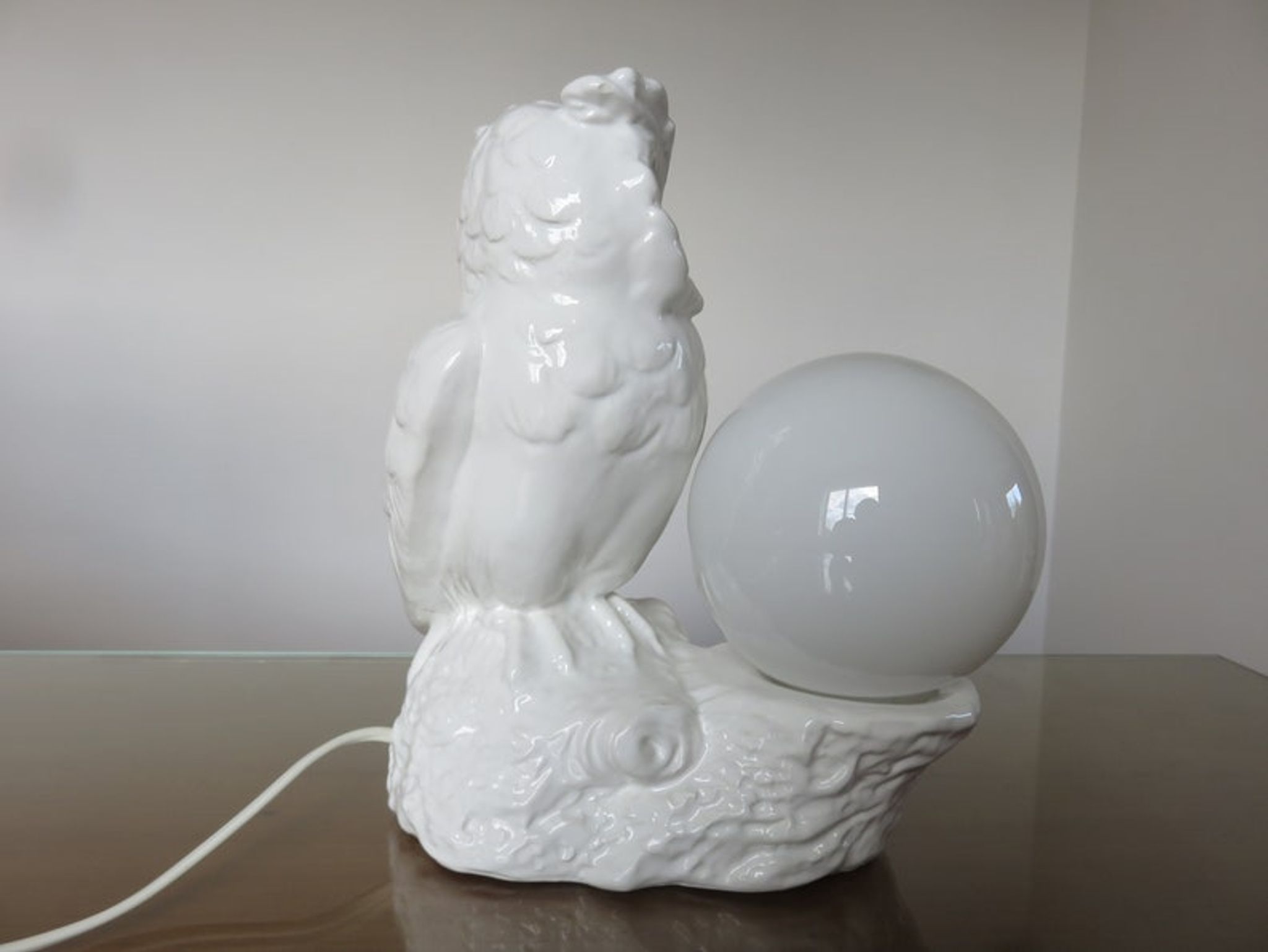 Owl lamp, ceramic owl and opaline ball 70s