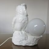 Owl lamp, ceramic owl and opaline ball 70s