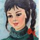 Tableau portait de jeune fille à la natte et ruban rouge, huile signée 1960