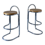 2 tabourets de bar tubulaires chromés et en rotin | Années 1970