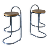 2 tubular chrome and cane bar stools | 1970s