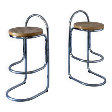 2 tubular chrome and cane bar stools | 1970s