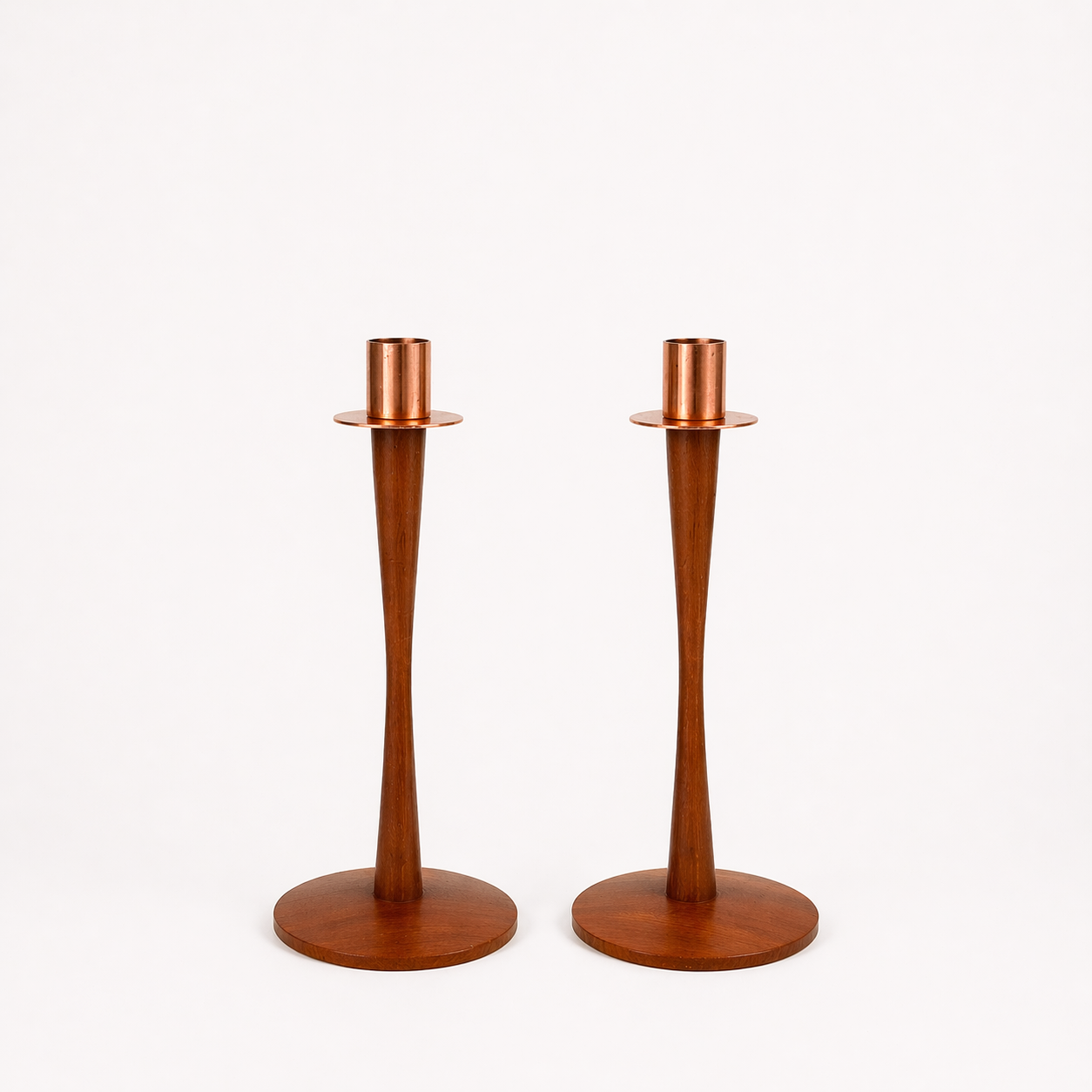 Pair of vintage Scandinavian candlesticks in teak & copper, Sweden, 1970s