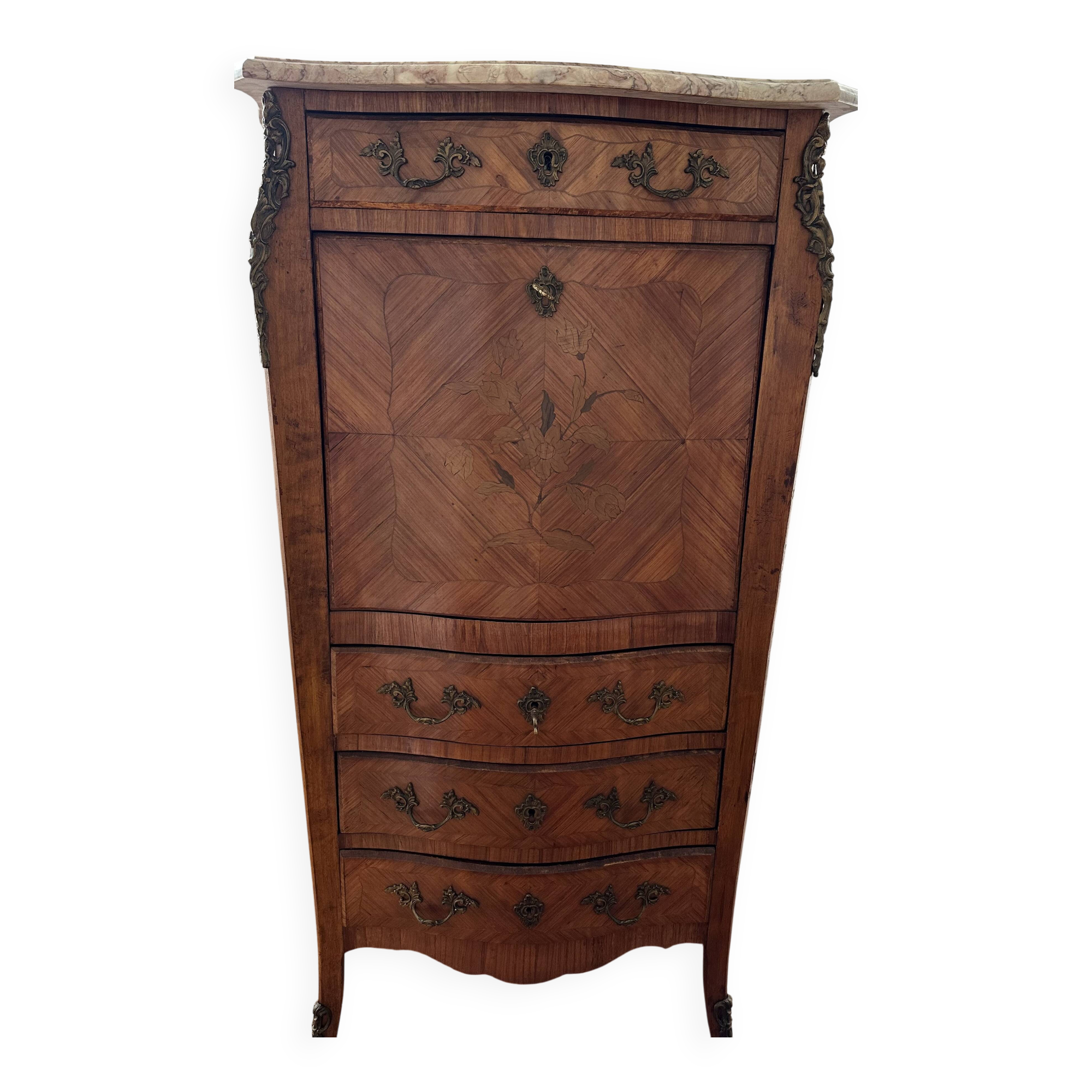 Louis XV style secretary in marquetry and marble