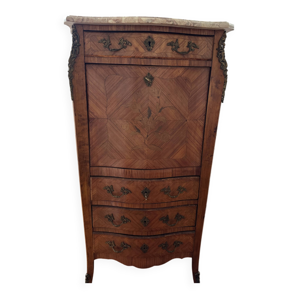 Secrétaire de style Louis XV en marqueterie et marbre